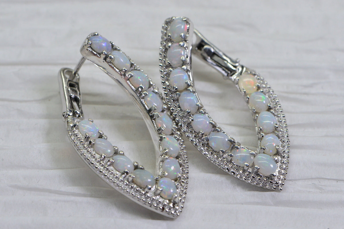 White Opal Sterling Silver Hoop Earrings, October Birthstone