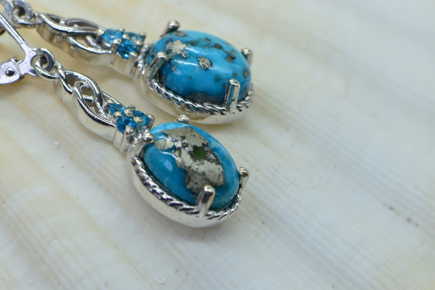Sleeping Beauty Turquoise Pyrite Earrings: Sterling Silver Dangle with Apatite