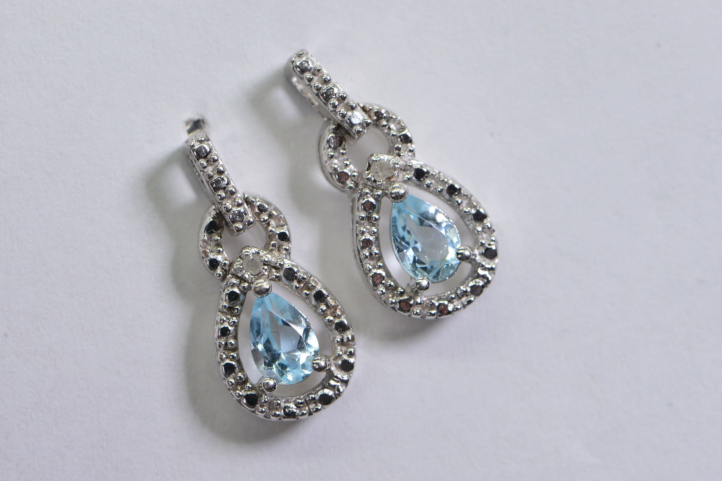 Aquamarine Diamond Sterling Silver Stud Earrings: Pear Cut, March Birthday