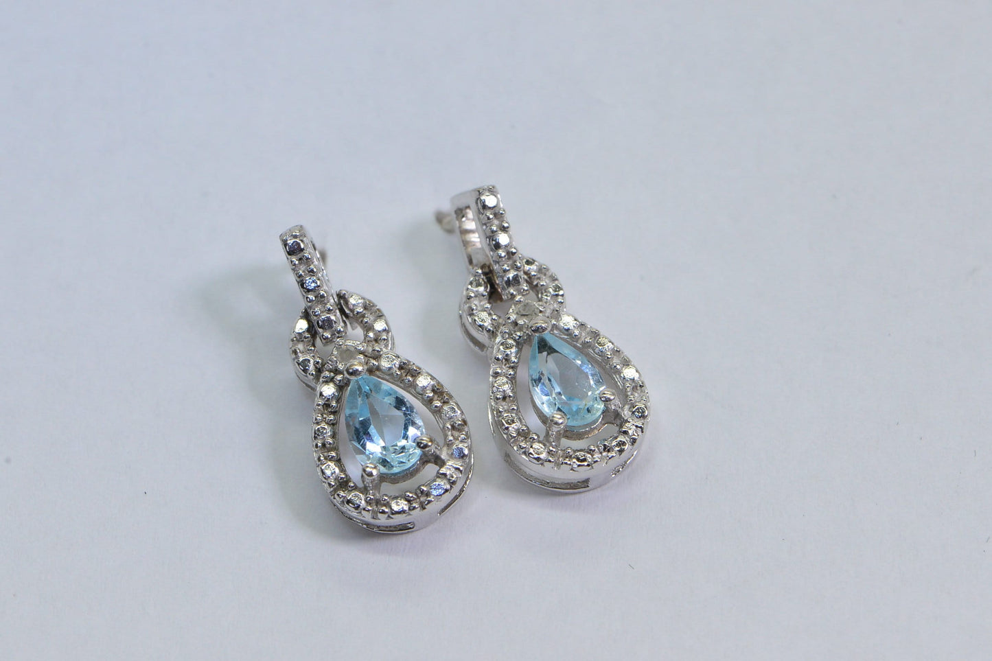 Aquamarine Diamond Sterling Silver Stud Earrings: Pear Cut, March Birthday