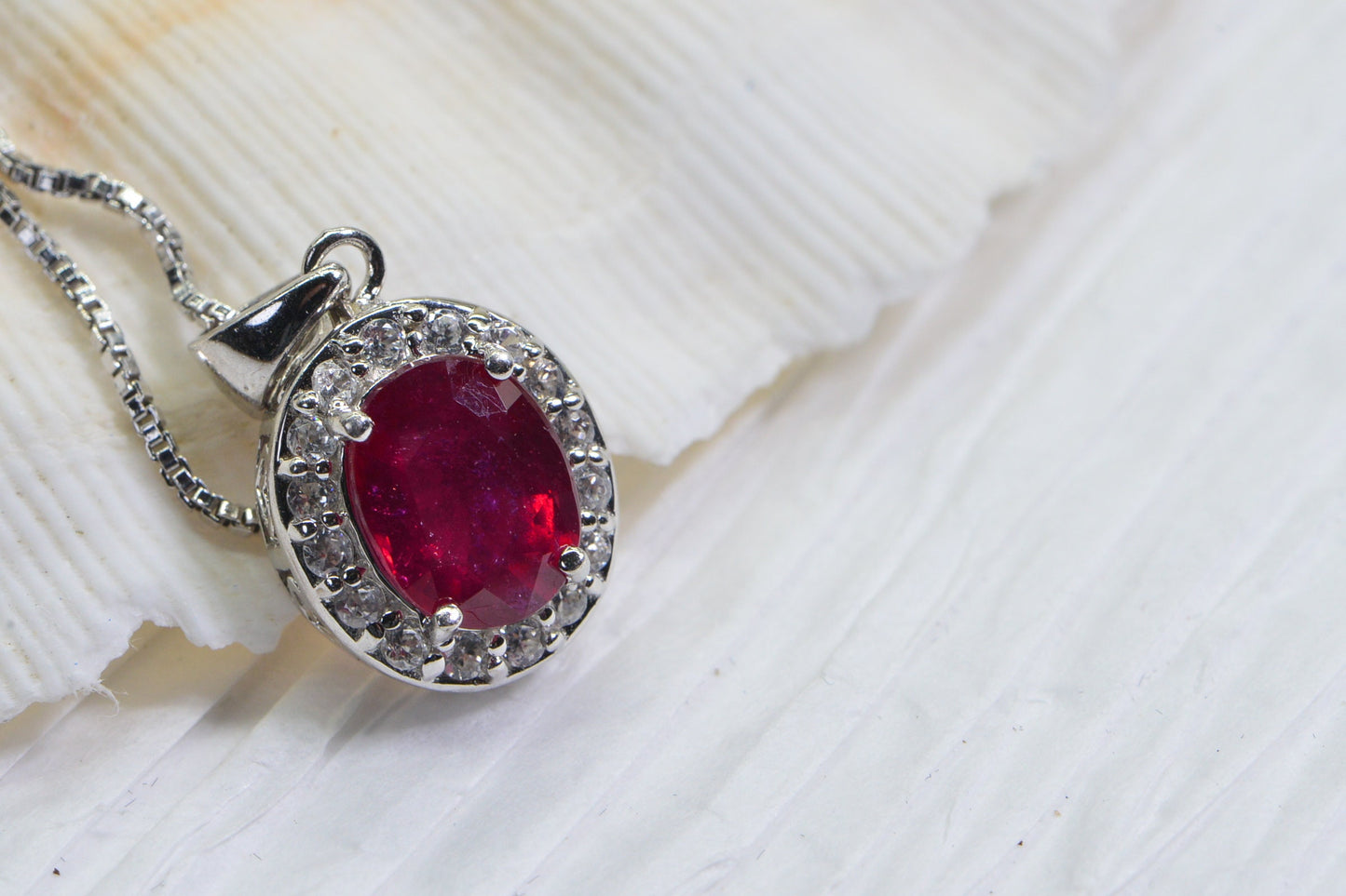 Vintage Ruby Halo Pendant, Diamond Accent, Sterling Silver