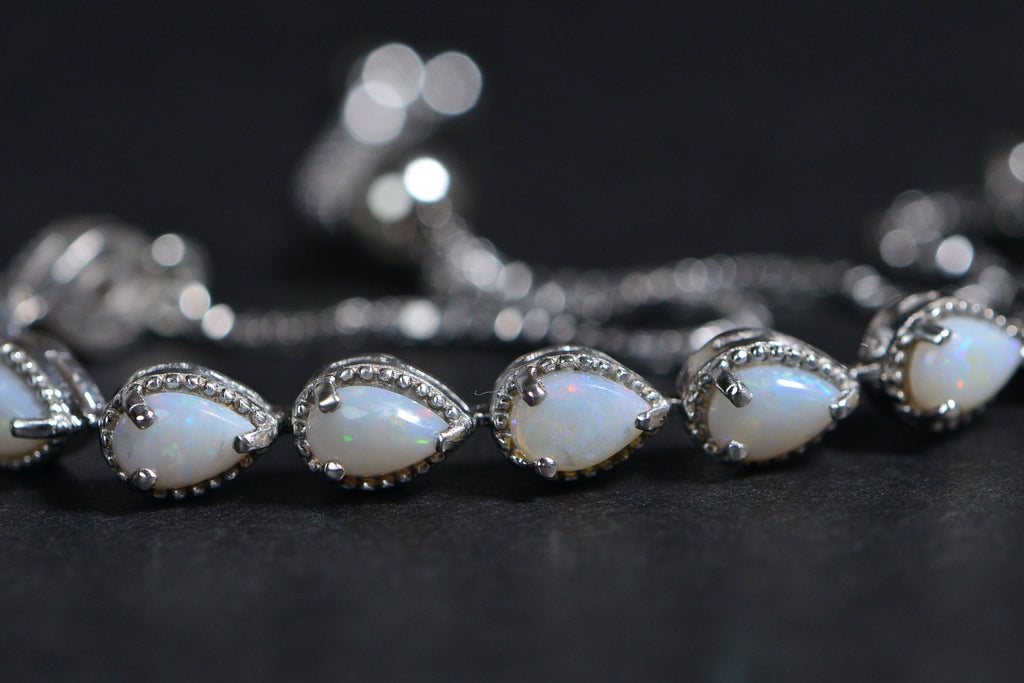 White Opal Teardrop Bracelet: Sterling Silver Bolo Adjustable Bracelet