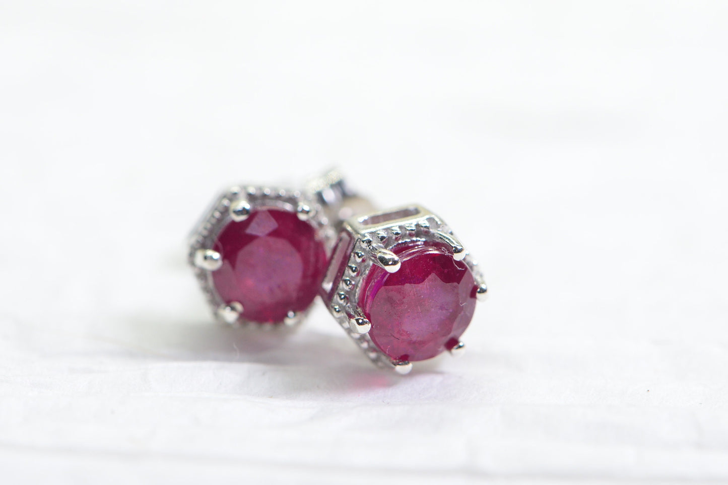 Natural Ruby Stud Earrings: Sterling Silver Basket Setting, 7mm Round