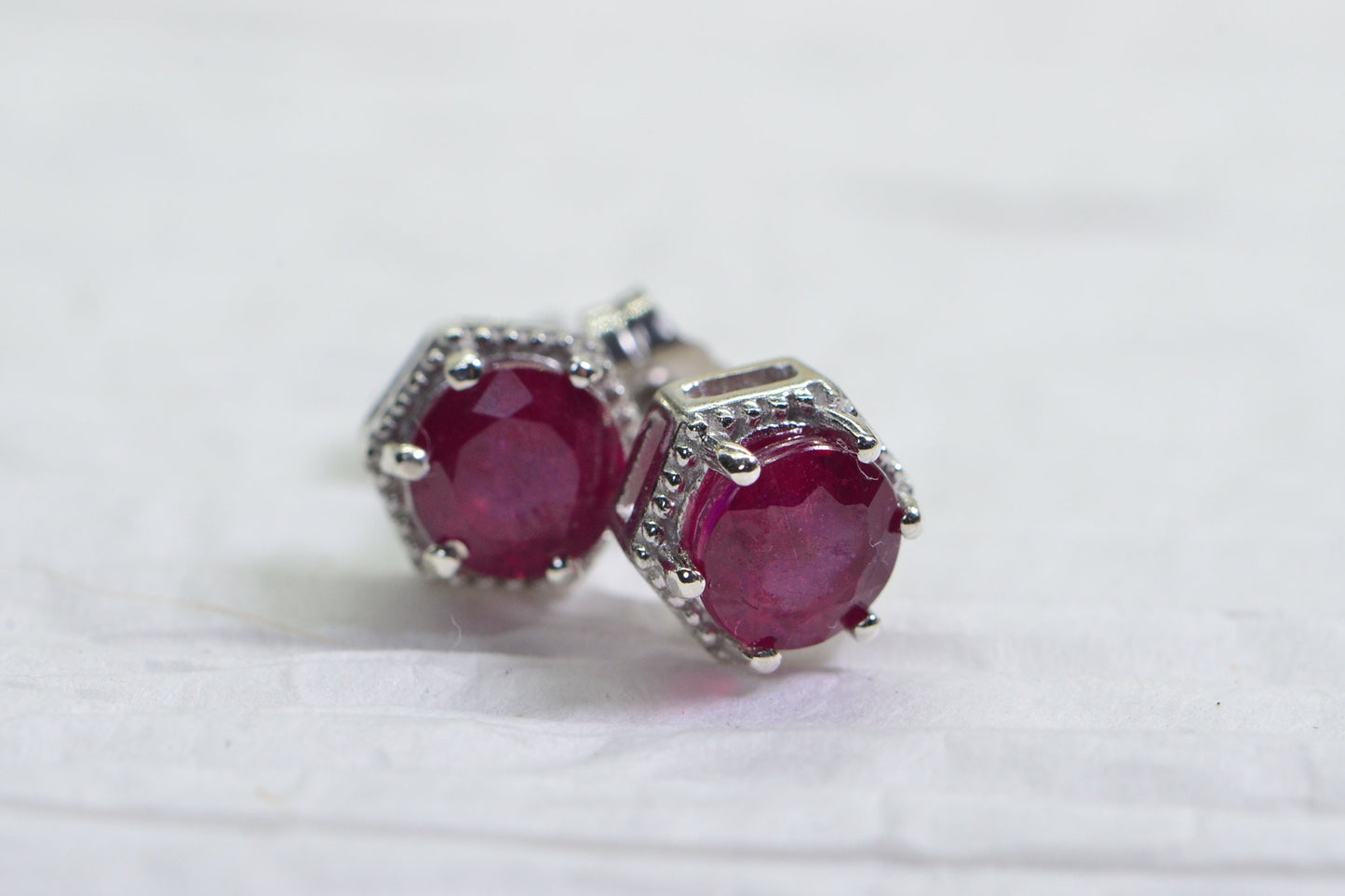 Natural Ruby Stud Earrings: Sterling Silver Basket Setting, 7mm Round