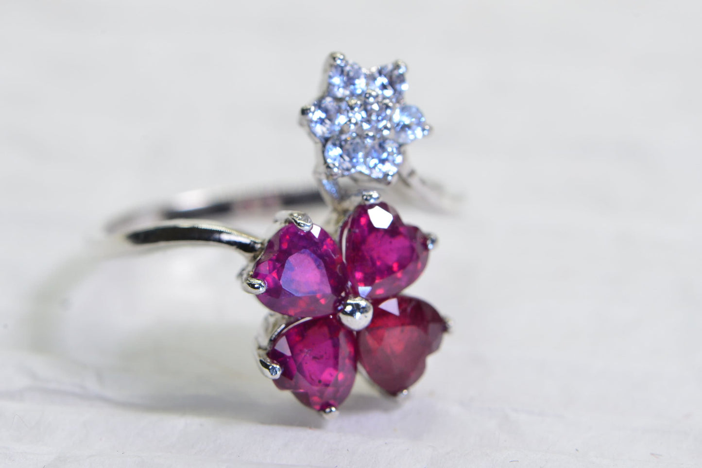 Ruby Heart Floral Ring: Sterling Silver Flower Design