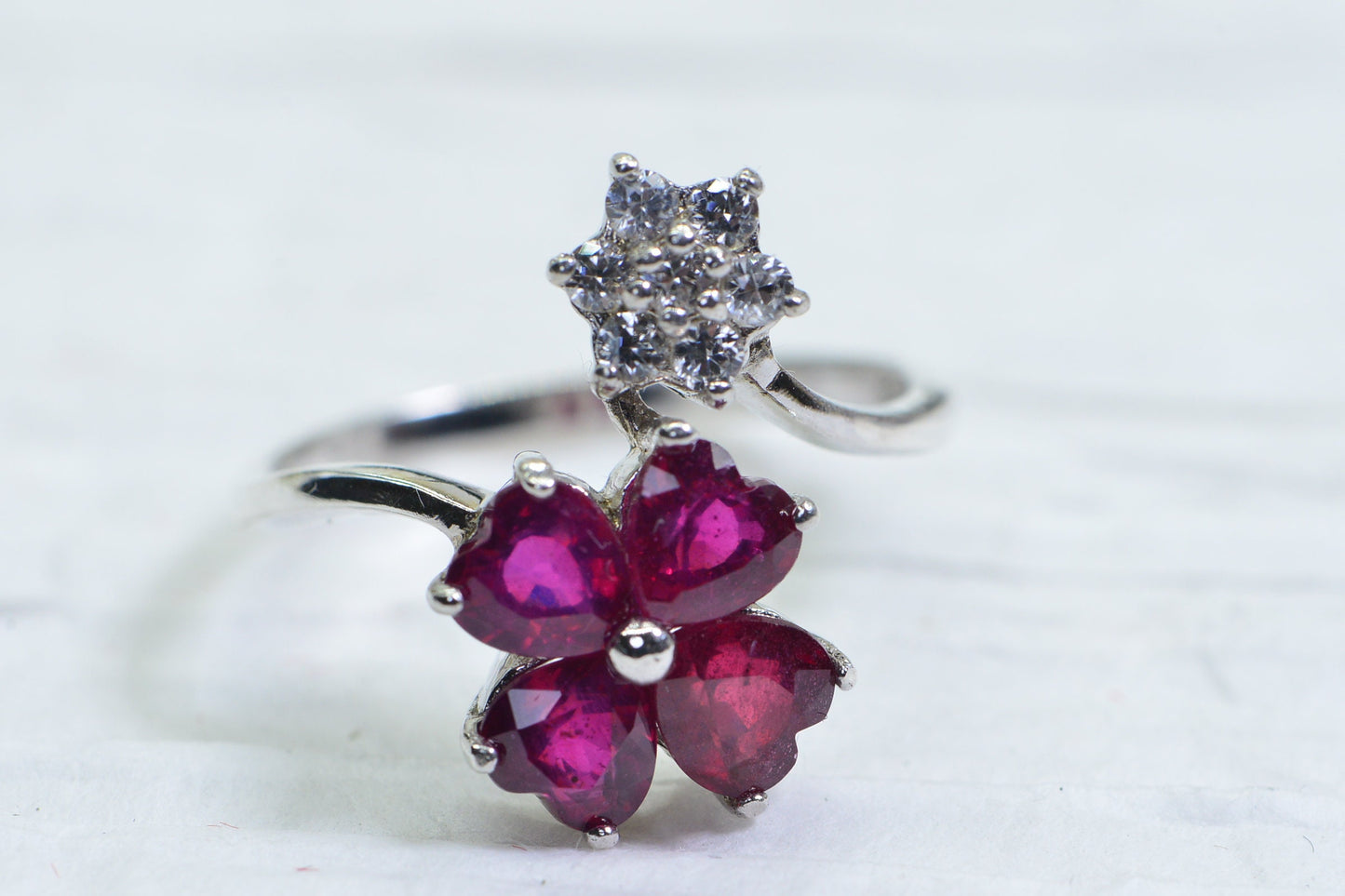 Ruby Heart Floral Ring: Sterling Silver Flower Design