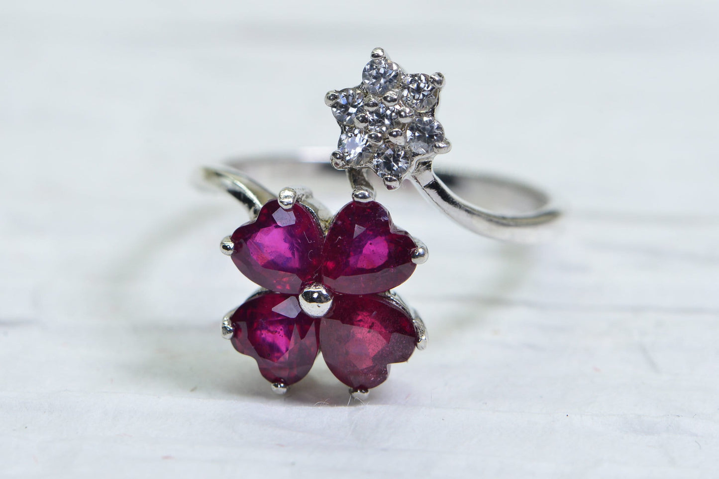 Ruby Heart Floral Ring: Sterling Silver Flower Design