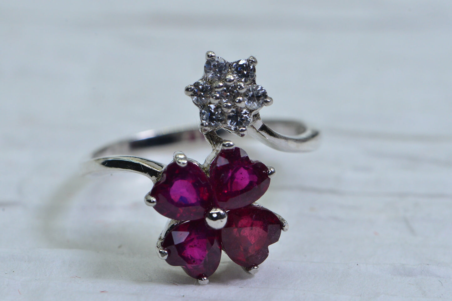 Ruby Heart Floral Ring: Sterling Silver Flower Design