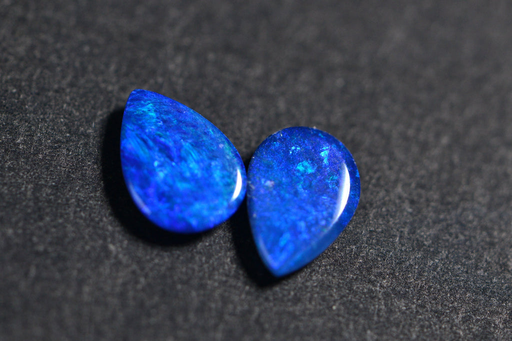 Australian Black Opal Doublet Pair: Blue Pear Cabochons (7X5mm)
