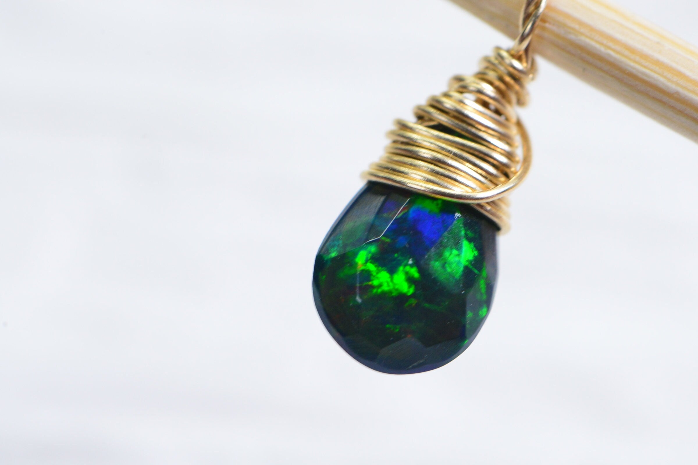 Black Opal Birthstone Pendant: 14K Gold Filled Wire Wrapped Charm