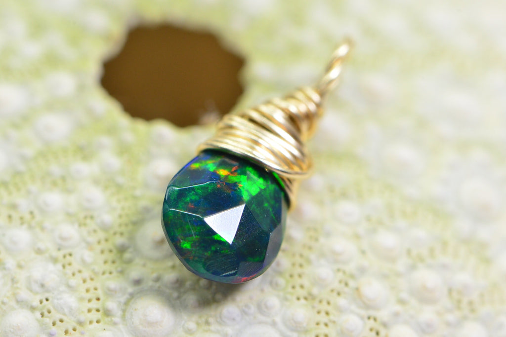 Black Opal Birthstone Pendant: 14K Gold Filled Wire Wrapped Charm