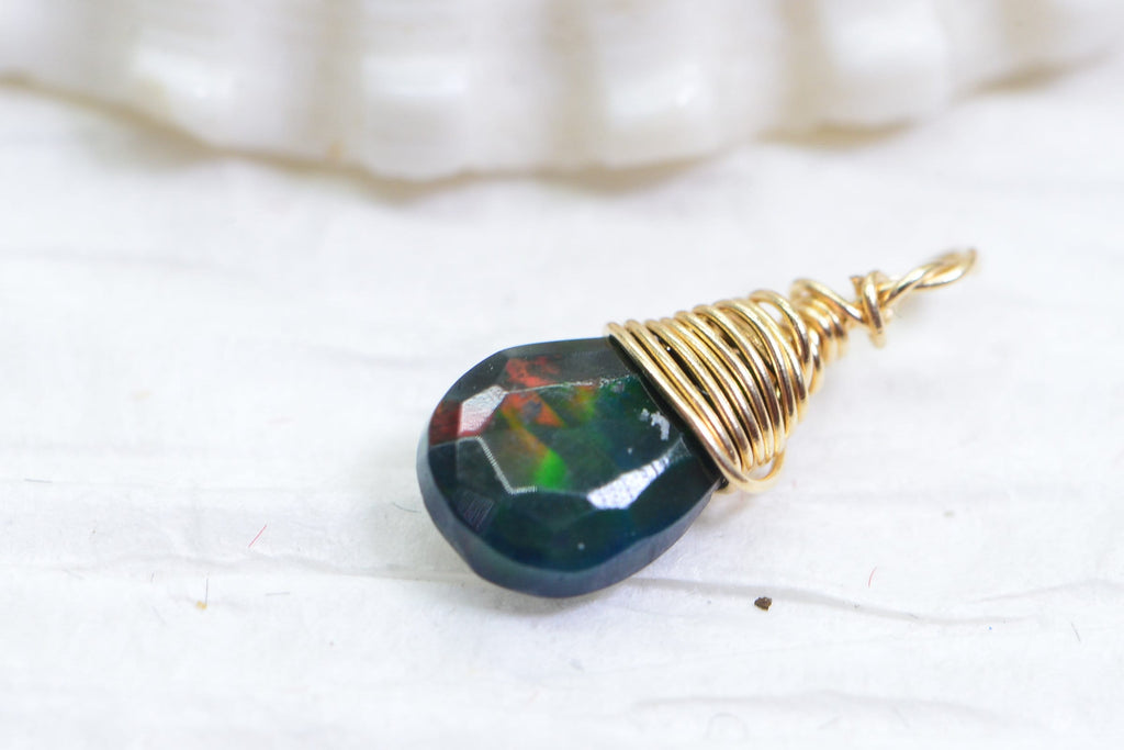 Black Opal Birthstone Pendant: 14K Gold Filled Wire Wrapped Charm