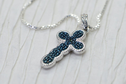 Blue Diamond Cross Pendant: Reversible 14K Yellow Gold Vermeil Necklace