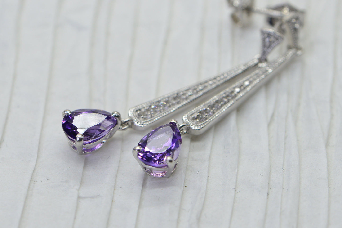 Amethyst Teardrop Earrings: Sterling Silver Studs with Diamond Accent