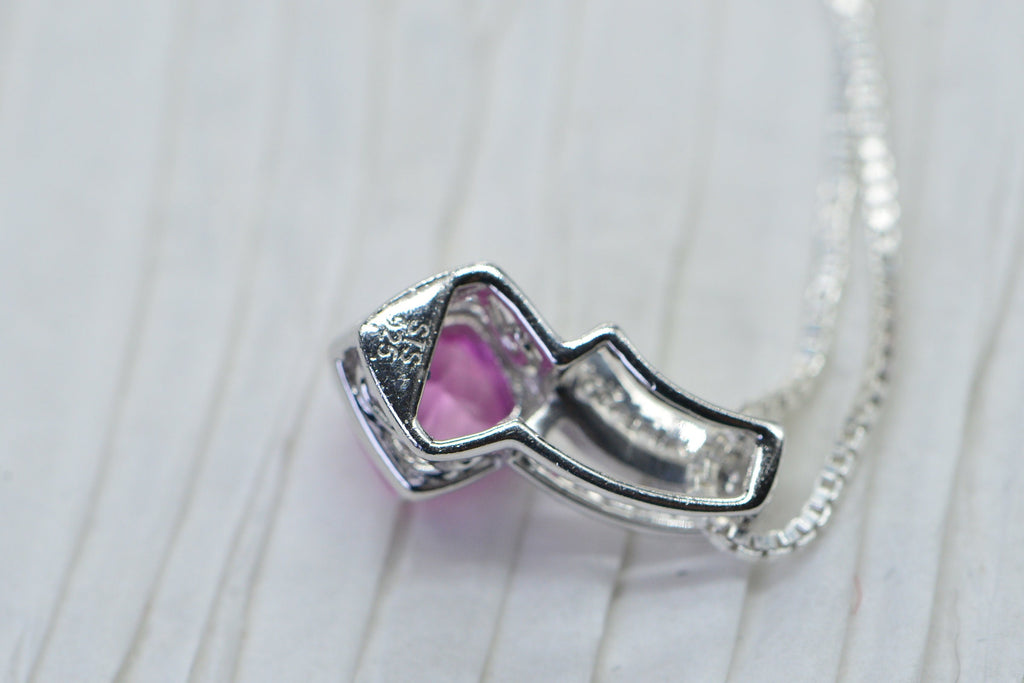 Pink Sapphire Diamond Tiny Pendant Princess Cut Sterling Silver Rhodium