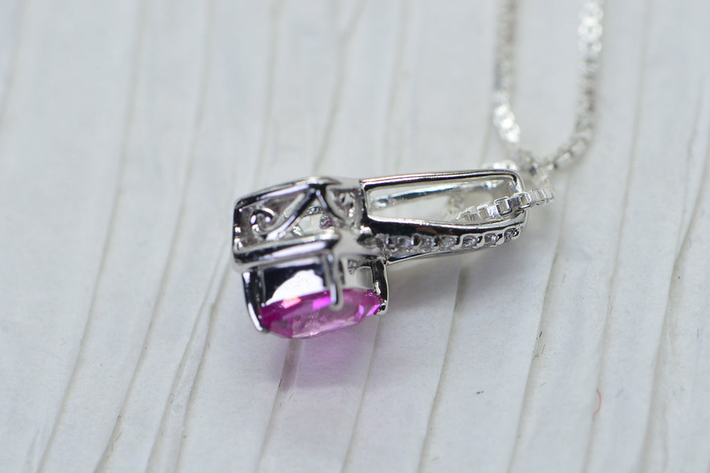 Pink Sapphire Diamond Tiny Pendant Princess Cut Sterling Silver Rhodium