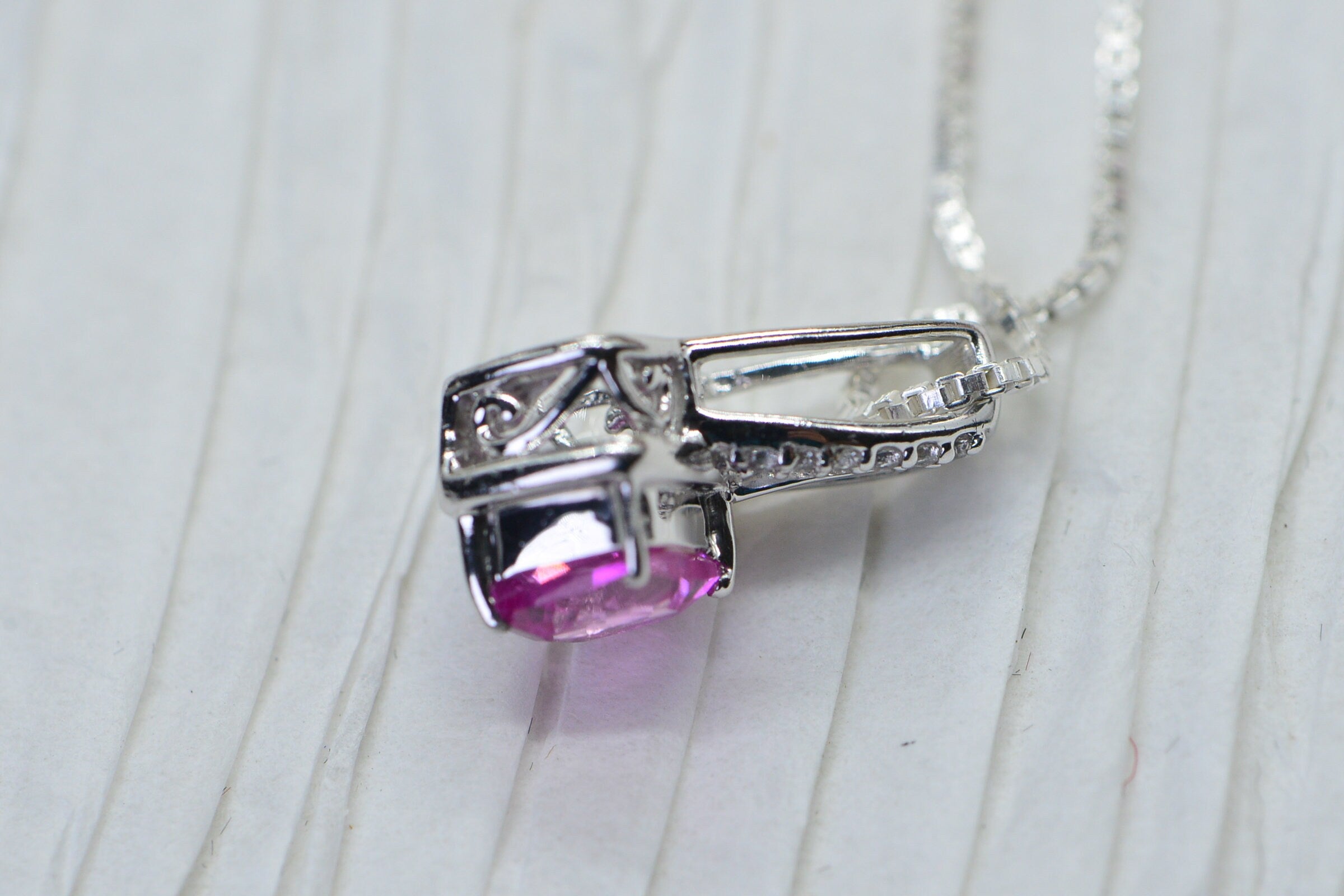 Pink Sapphire Diamond Tiny Pendant Princess Cut Sterling Silver Rhodium