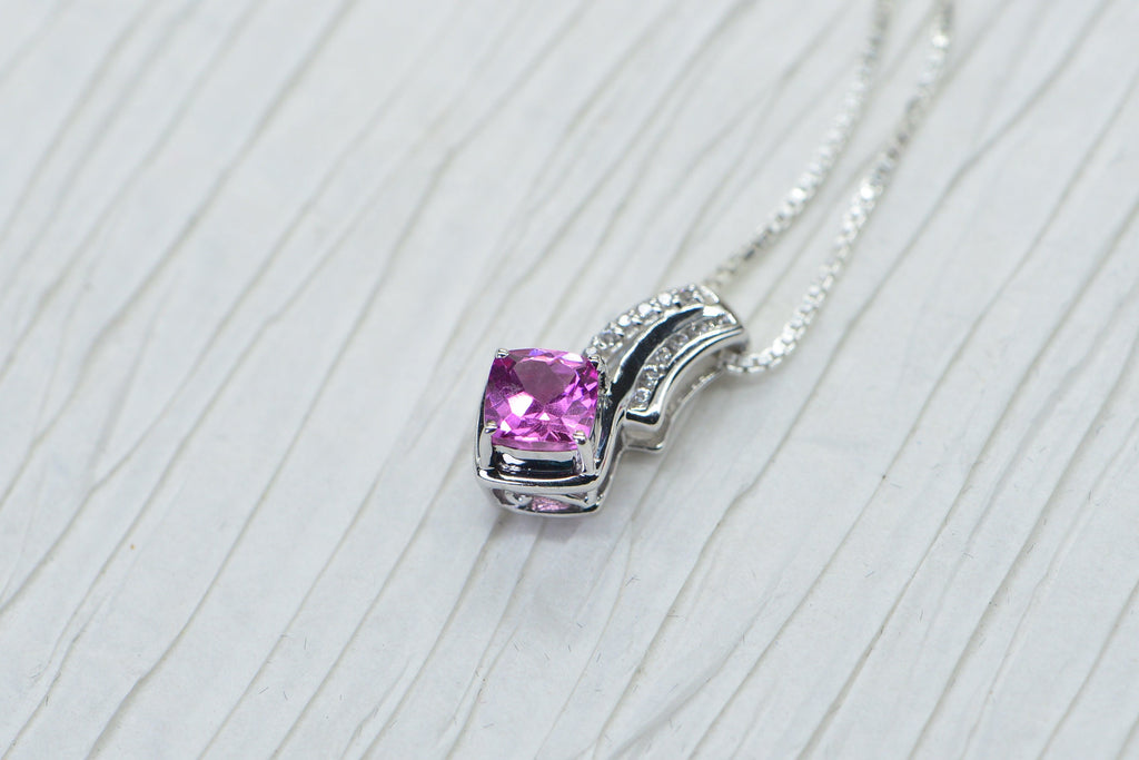 Pink Sapphire Diamond Tiny Pendant Princess Cut Sterling Silver Rhodium