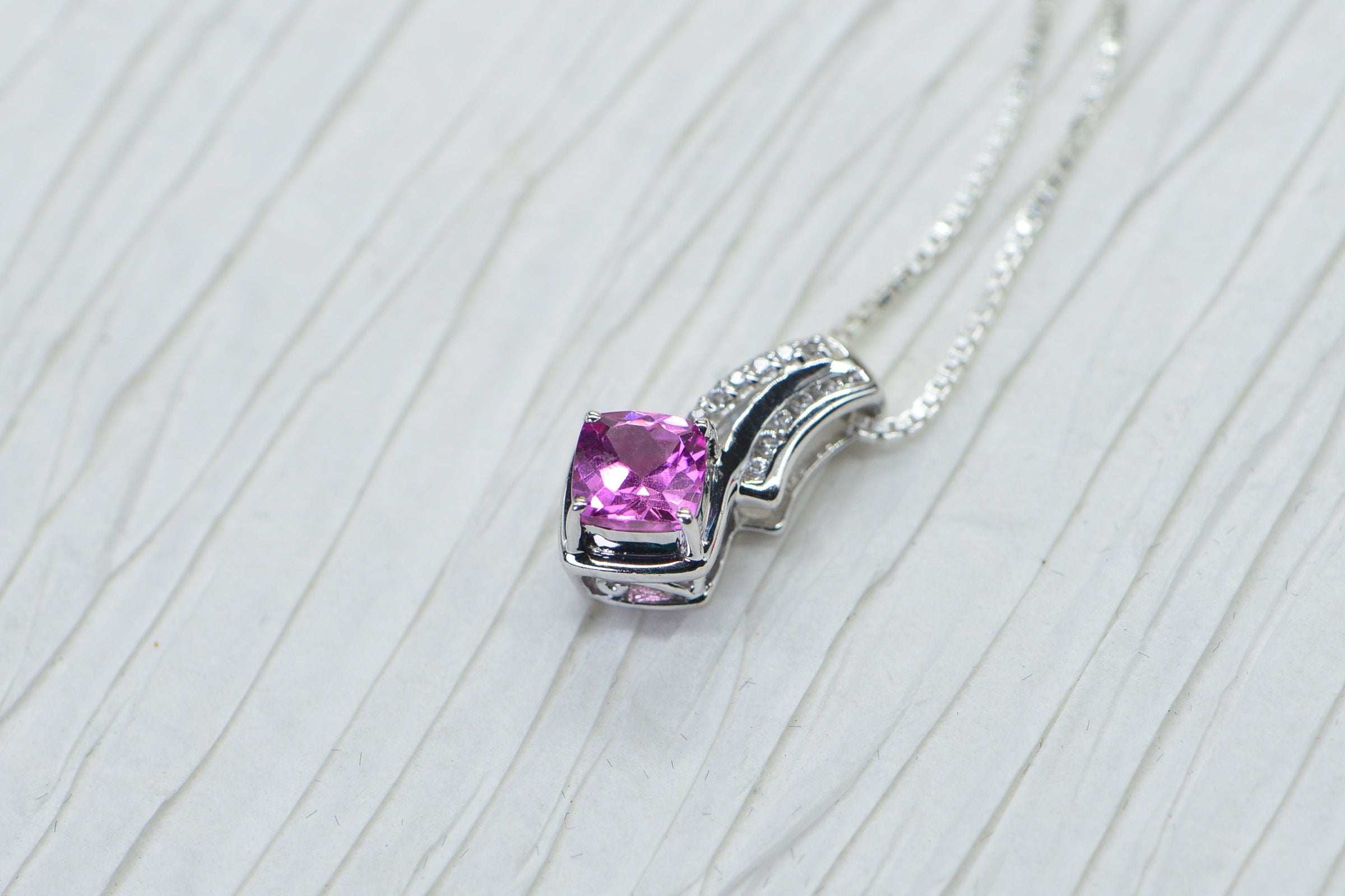 Pink Sapphire Diamond Tiny Pendant Princess Cut Sterling Silver Rhodium
