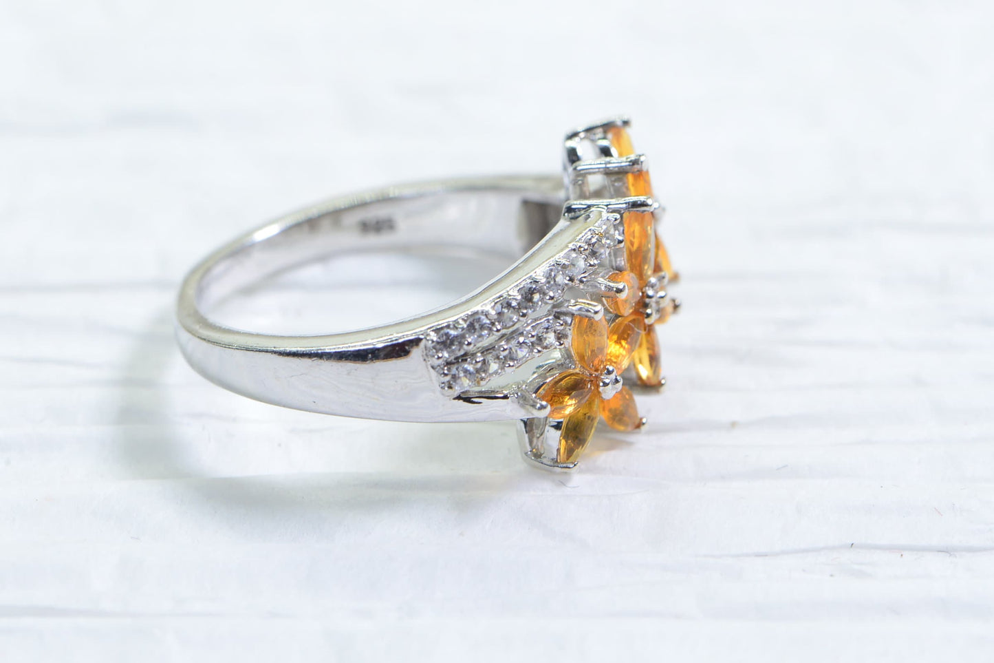 Mexican  Fire Opal Cluster Three Flower Ring   Sterling Silver Marquise  style ring