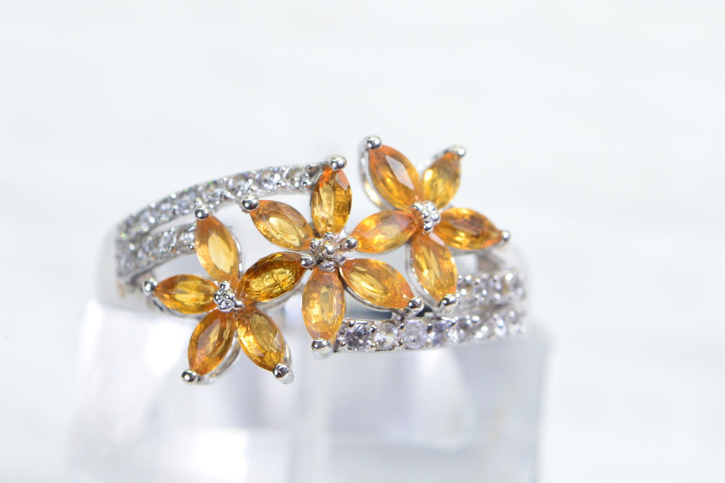 Mexican  Fire Opal Cluster Three Flower Ring   Sterling Silver Marquise  style ring