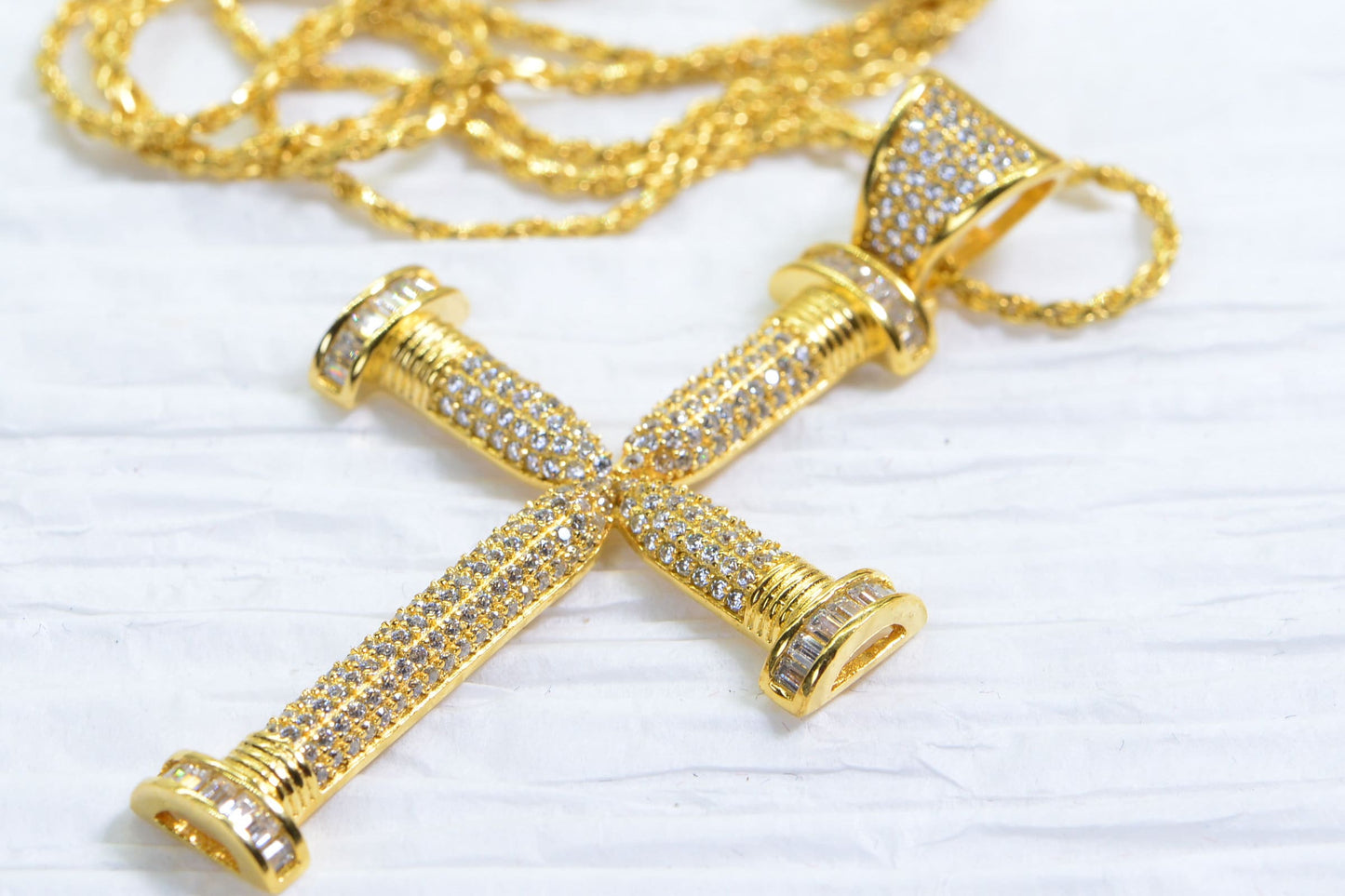 Large Diamond Cross Pendant: 24K Gold Over Sterling Silver Necklace