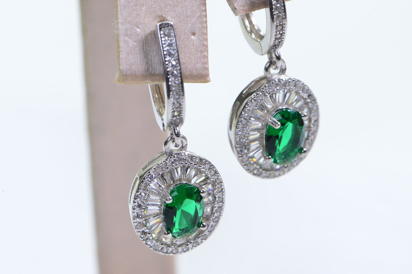 Emerald Dangle Earrings: Sterling Silver Double Halo, May Birthstone