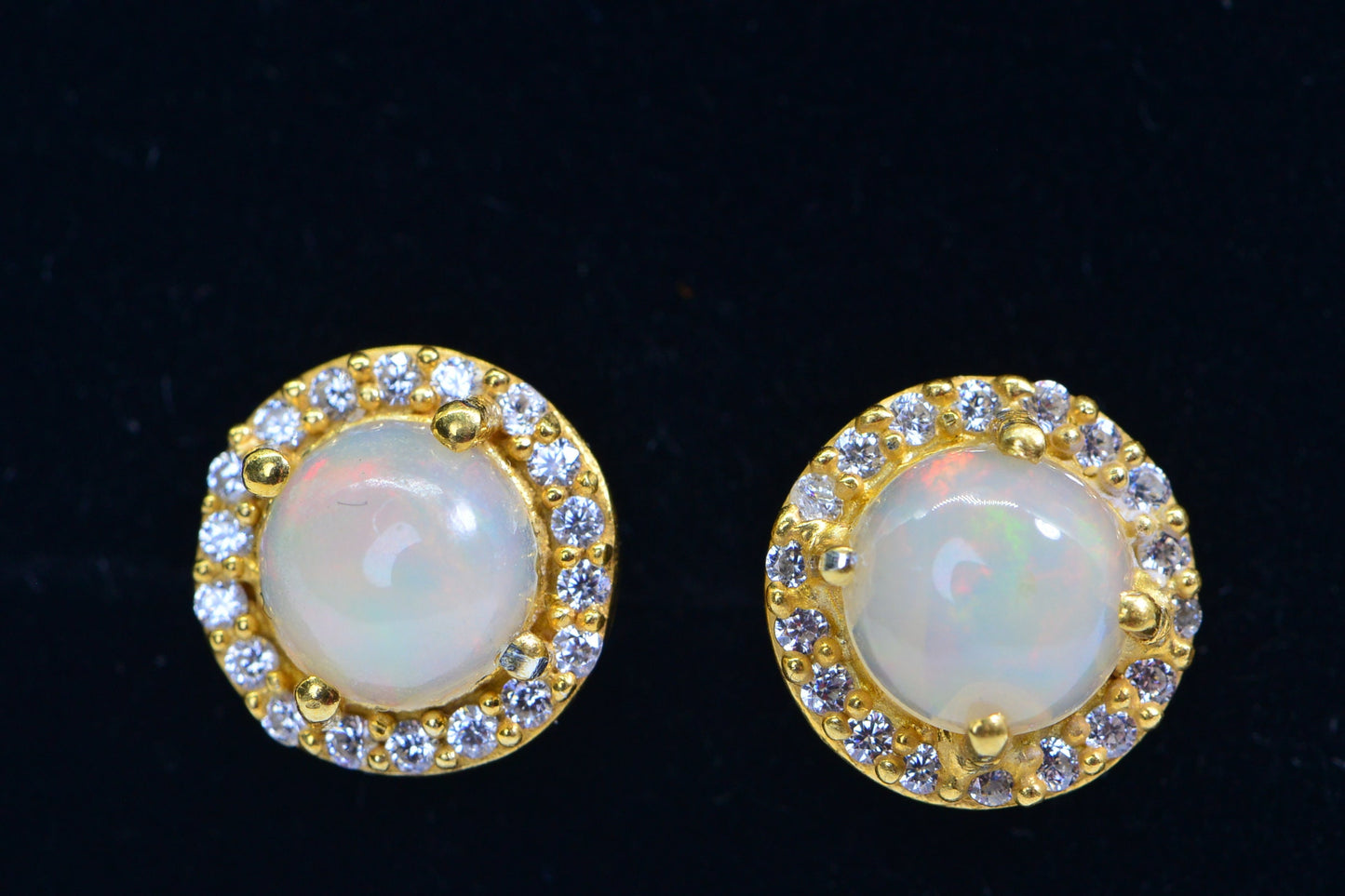 Ethiopian Opal Stud Earrings: 24K Gold Vermeil, Diamond Halo
