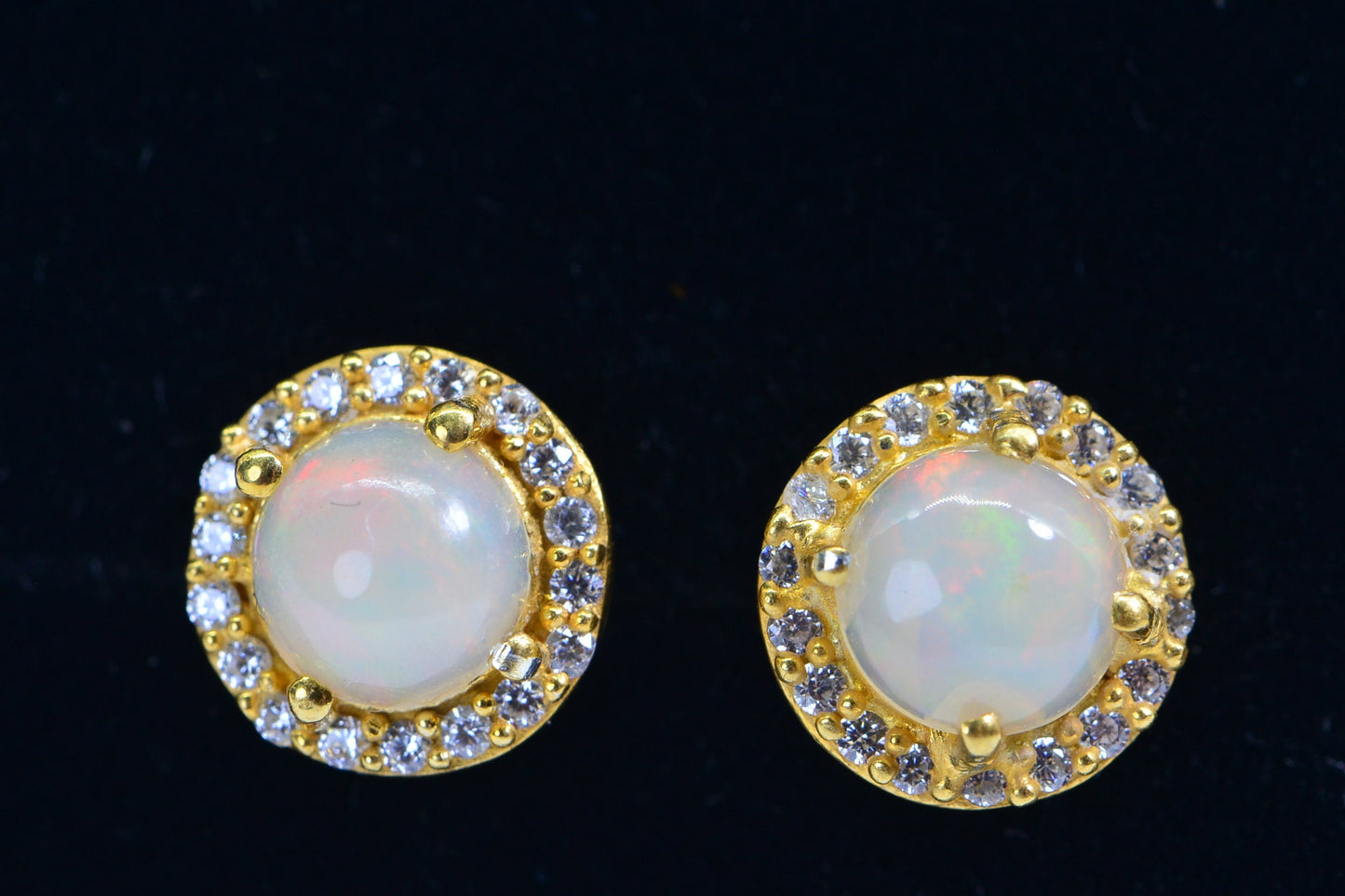 Ethiopian Opal Stud Earrings: 24K Gold Vermeil, Diamond Halo