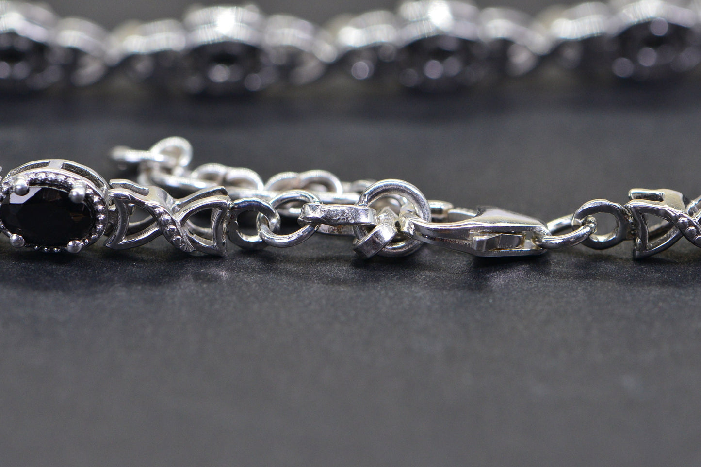 Black Spinel Tennis Bracelet, Platinum Over Sterling Silver, Vintage Style