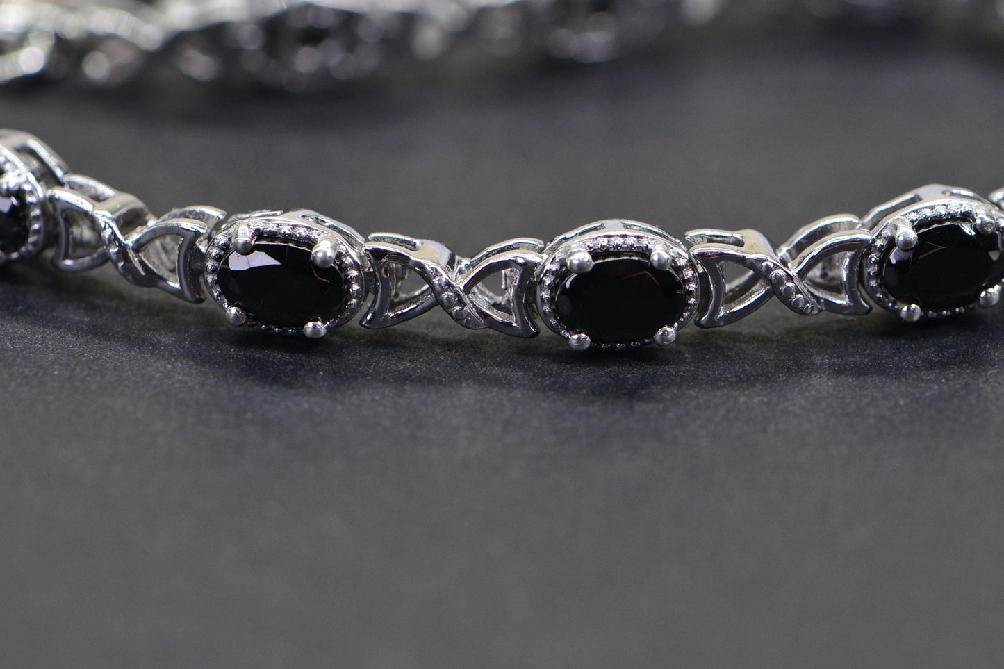 Black Spinel Tennis Bracelet, Platinum Over Sterling Silver, Vintage Style