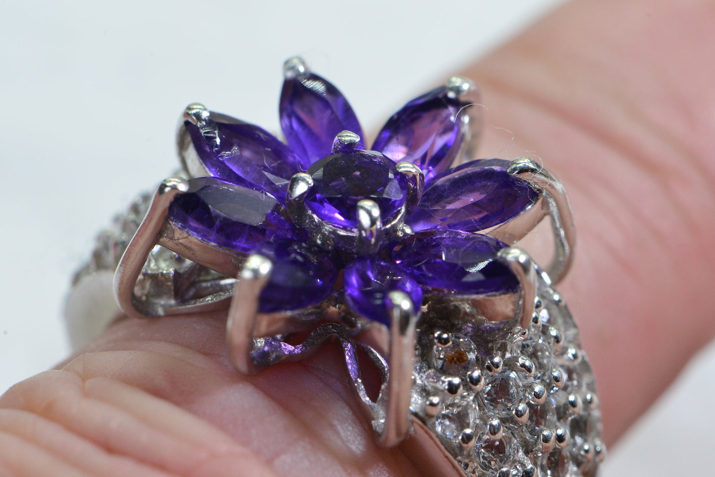 Amethyst Flower Ring: Sterling Silver, White Topaz, Vintage Estate Jewelry