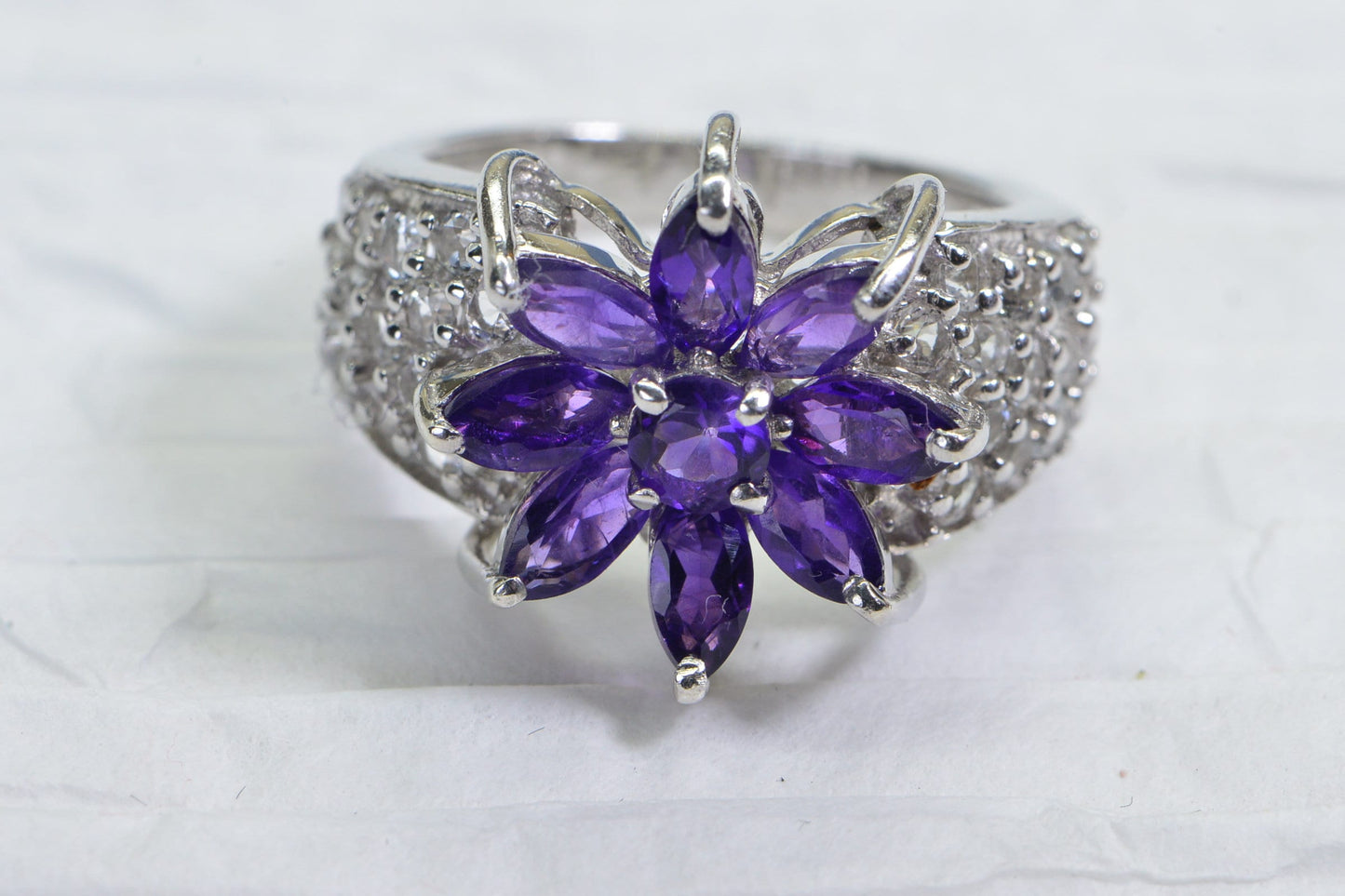 Amethyst Flower Ring: Sterling Silver, White Topaz, Vintage Estate Jewelry