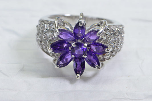 Amethyst Flower Ring: Sterling Silver, White Topaz, Vintage Estate Jewelry