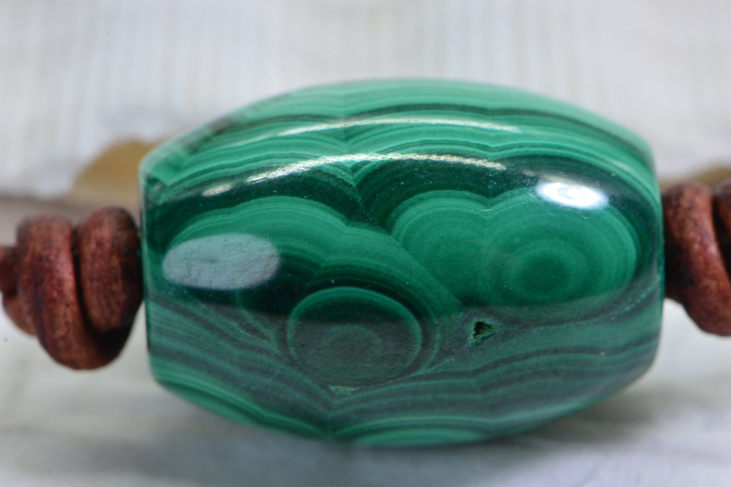 Malachite Barrel Stone Necklace, Leather Cord & Sterling Silver Clasp