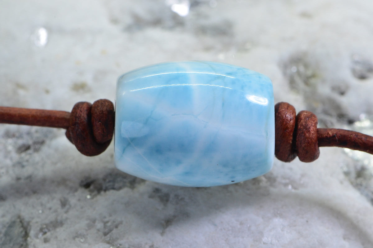 Larimar Gemstone Necklace: Single Bead on Leather Cord