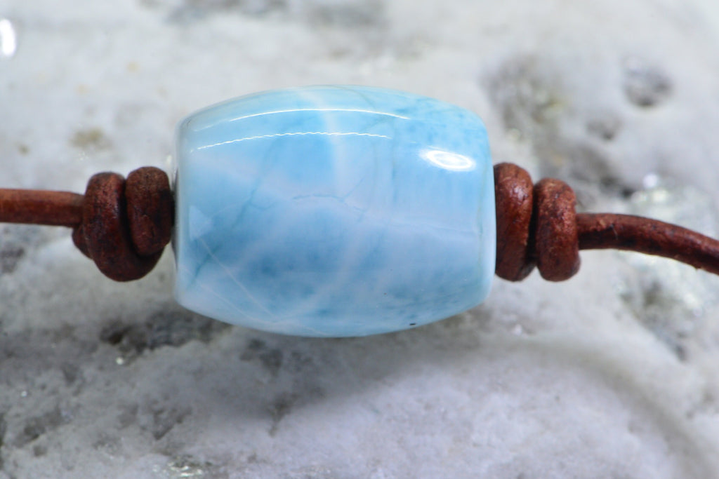 Larimar Gemstone Necklace: Single Bead on Leather Cord