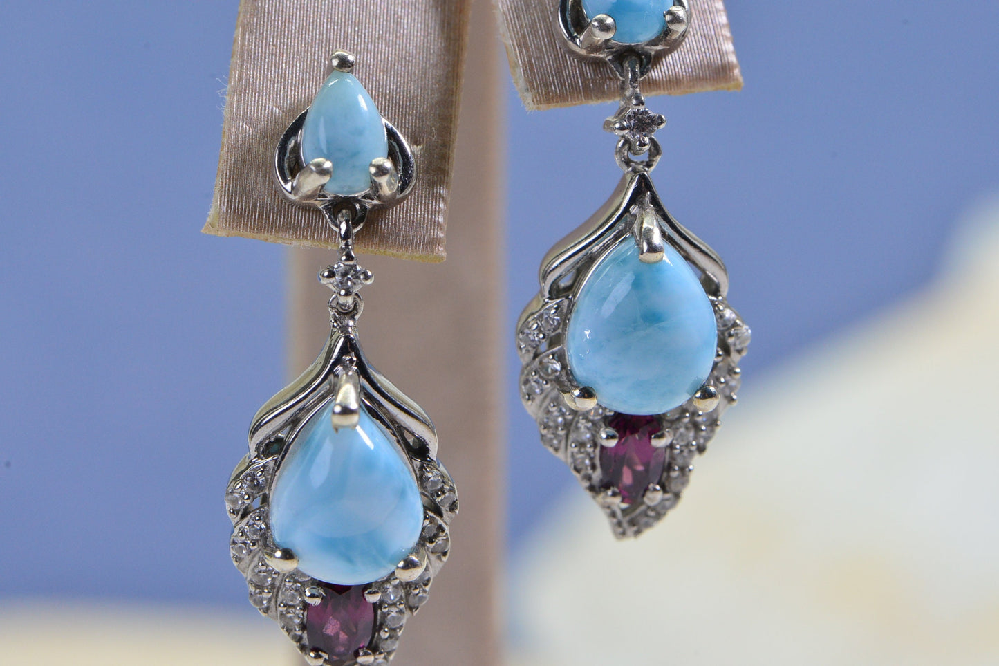Larimar Drop Earrings: Sterling Silver, Garnet & CZ Accent