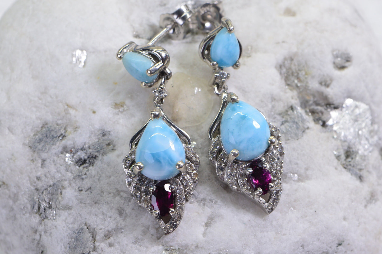 Larimar Drop Earrings: Sterling Silver, Garnet & CZ Accent