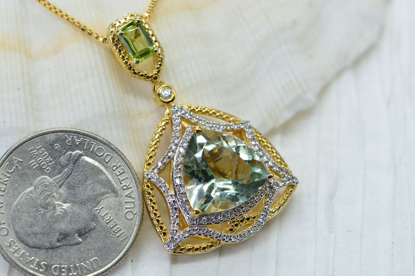 Pale Green Amethyst Natural Pendant Natural Peridot Emerald cutting Halo Style  Gold Vermeil Necklace