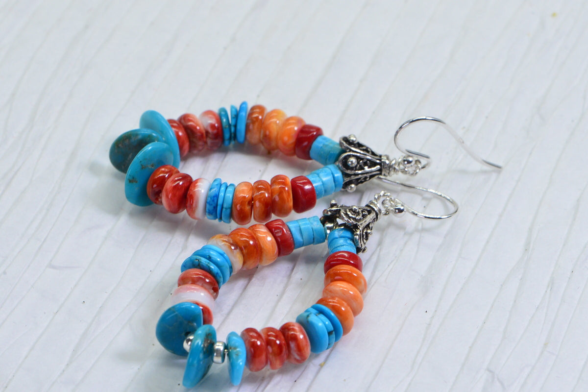 Turquoise Spiny Oyster Sterling Silver Hoop Earrings: Arizona Gemstone