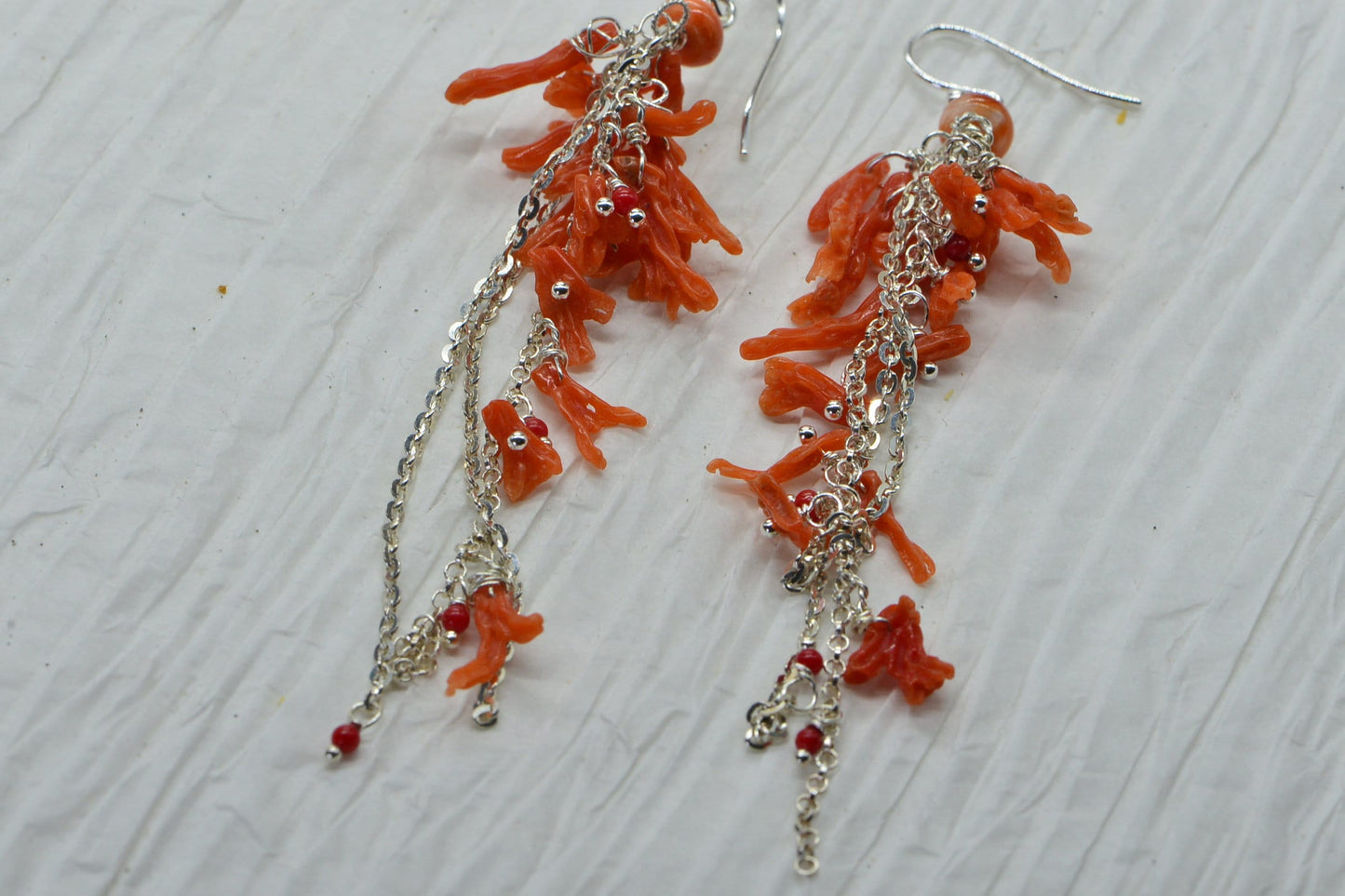 Mediterranean Coral Chandelier Earrings: Sterling Silver Dangle Gemstone