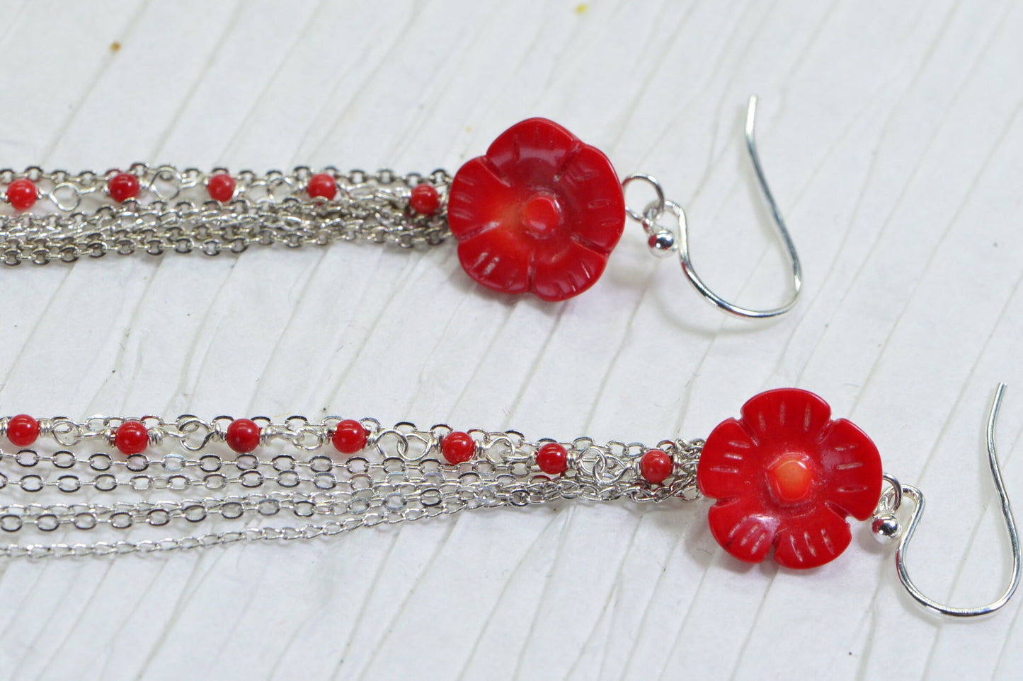 Carved Coral Flower Earrings: Sterling Silver Red Gemstone Dangle