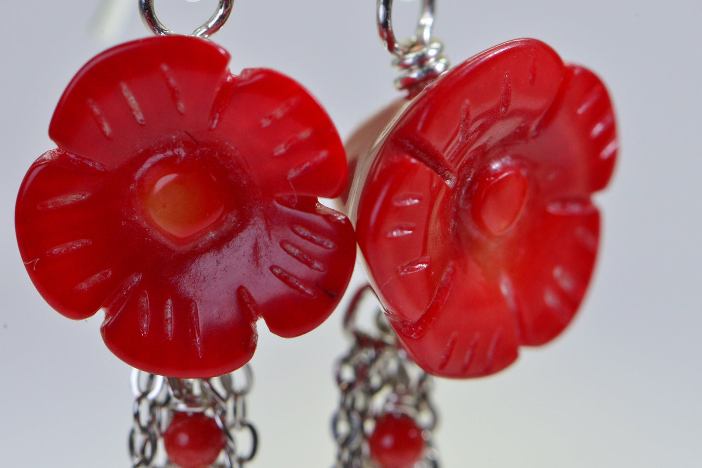 Carved Coral Flower Earrings: Sterling Silver Red Gemstone Dangle