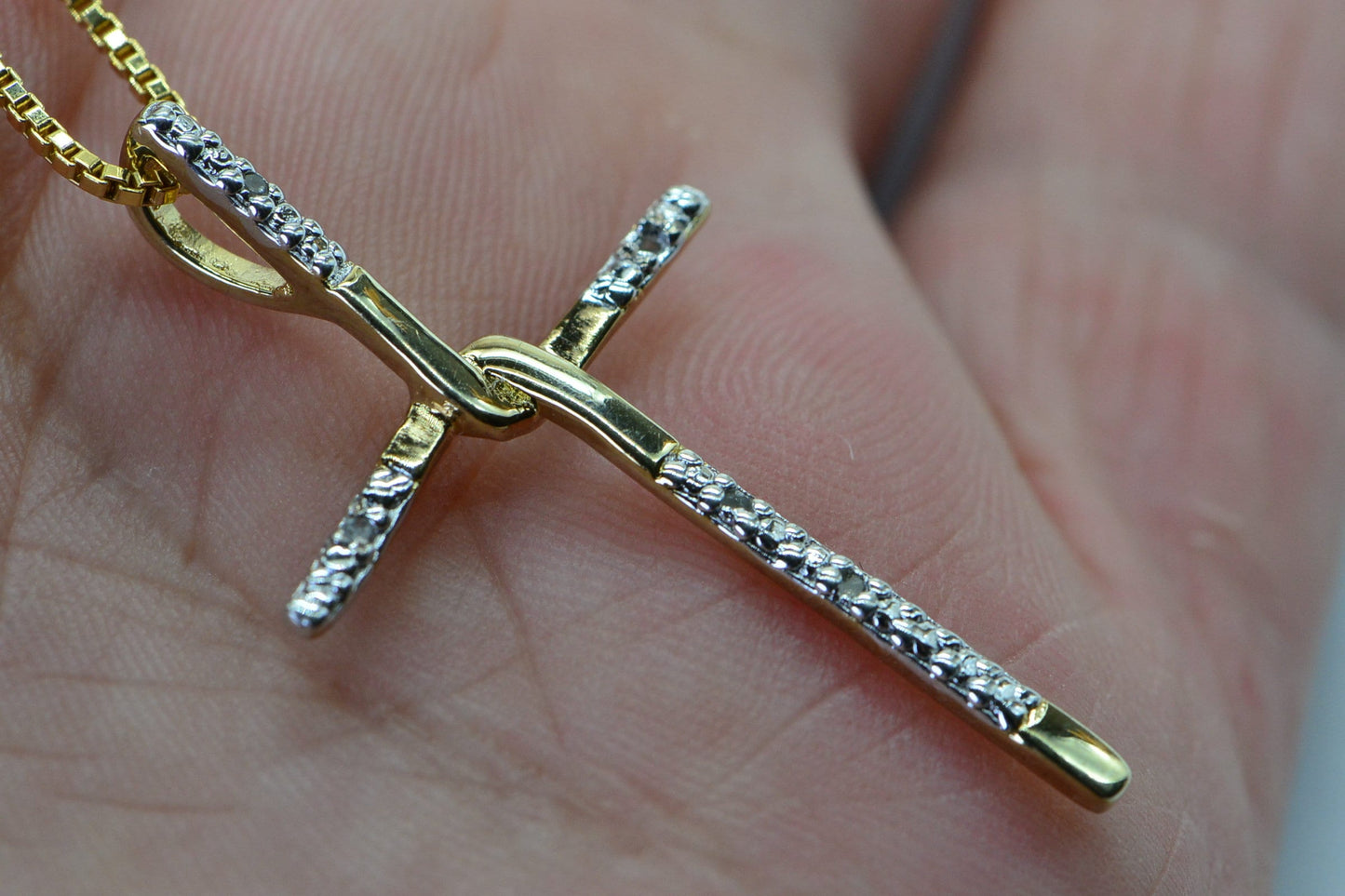 Religious Knot Cross Diamond Necklace: 24K Gold Over Sterling Silver