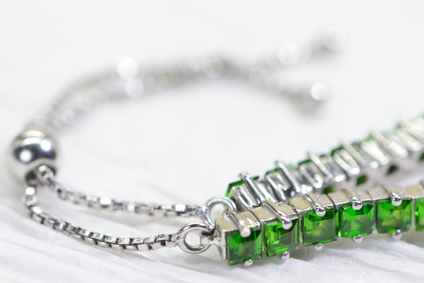 Emerald Bolo Bracelet: Princess Cut Sterling Silver Adjustable Gemstone