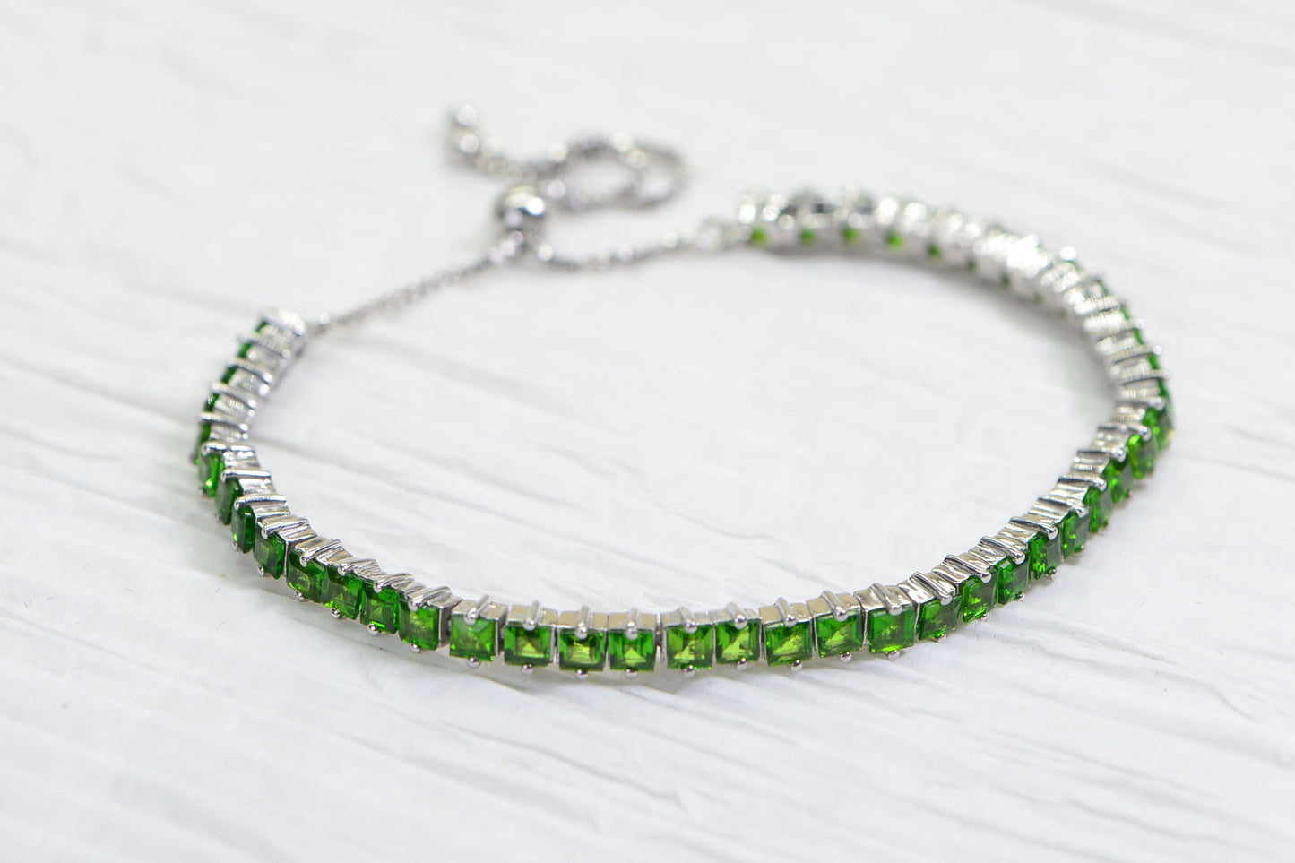 Emerald Bolo Bracelet: Princess Cut Sterling Silver Adjustable Gemstone