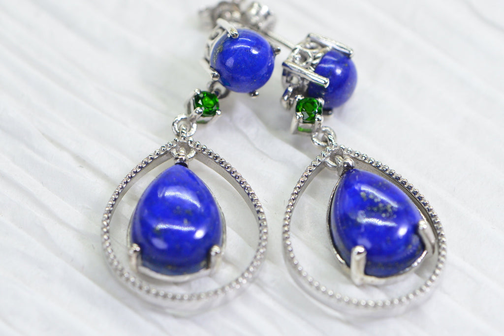 Lapis Lazuli Teardrop Dangle Earrings: Sterling Silver & Chrome Diopside