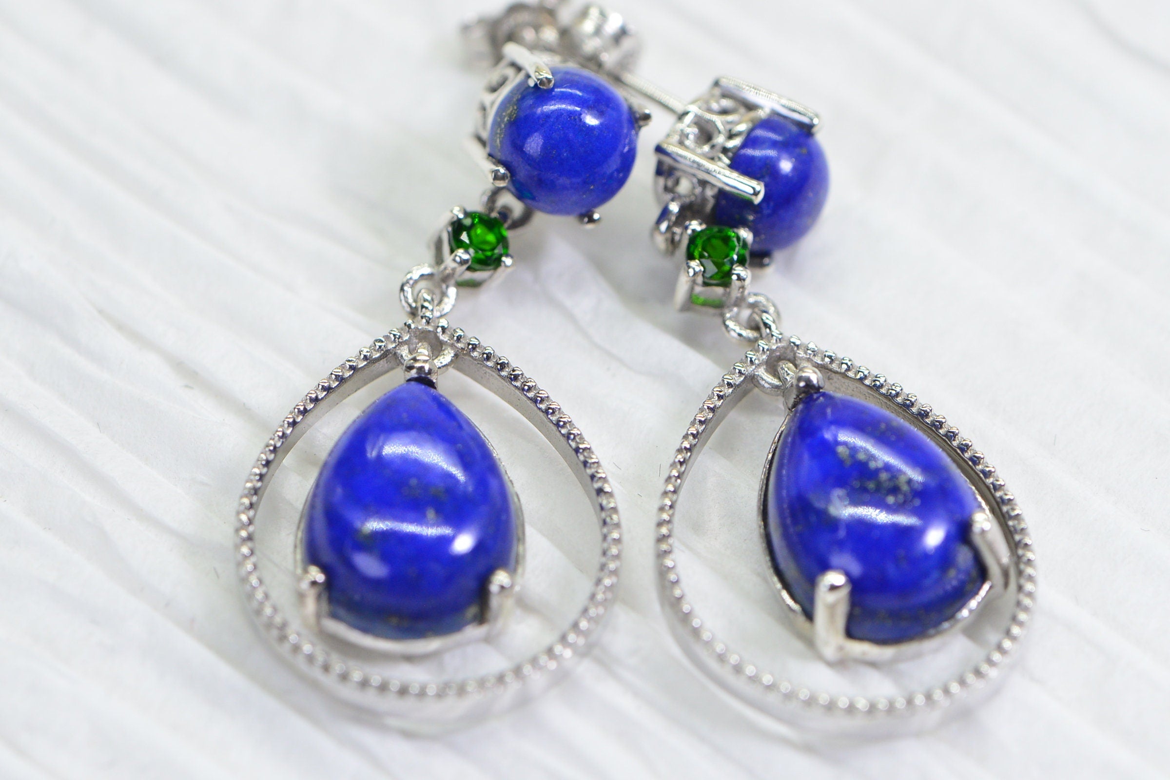 Lapis Lazuli Teardrop Dangle Earrings: Sterling Silver & Chrome Diopside