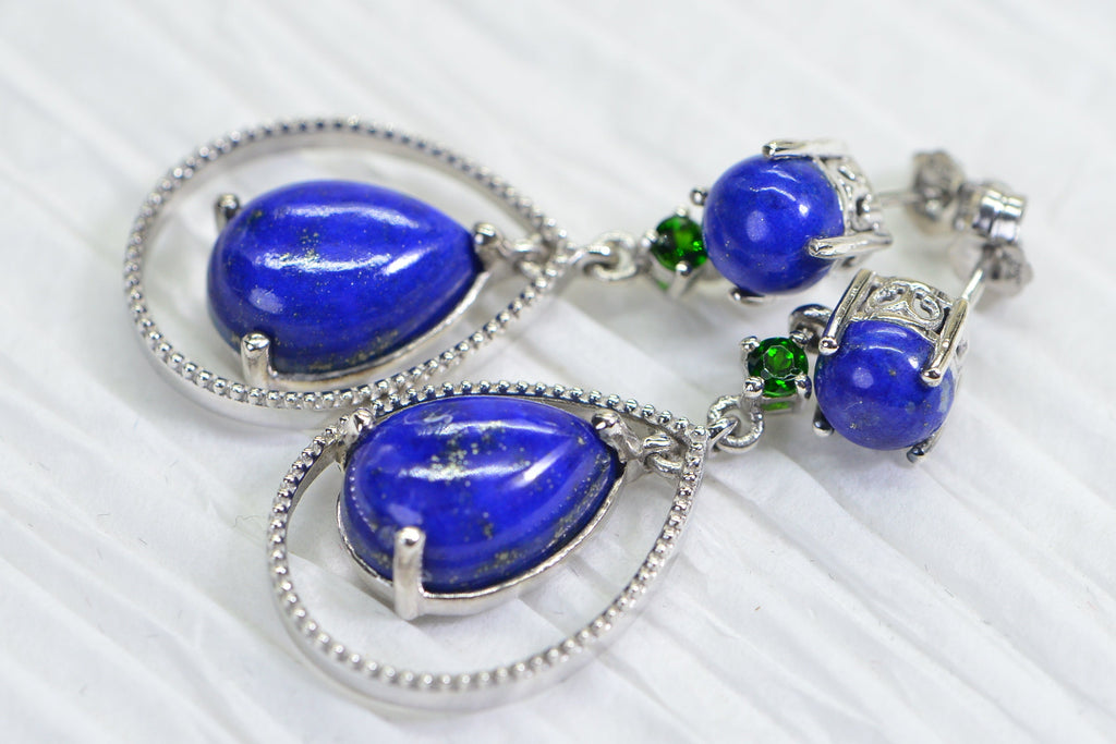 Lapis Lazuli Teardrop Dangle Earrings: Sterling Silver & Chrome Diopside
